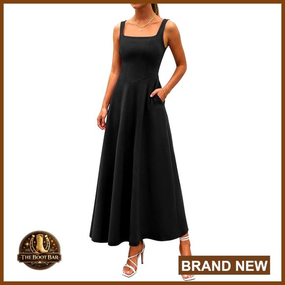 Sleeveless Square Neck Maxi Dress A-Line Backless Formal with Pockets